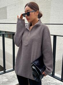 DAZY Half Zipper Drop Shoulder Jumper - Grey - View 3