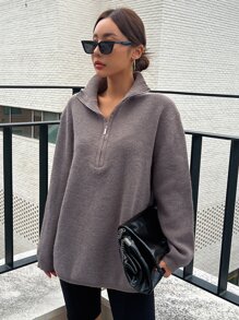 DAZY Half Zipper Drop Shoulder Jumper - Grey - View 4