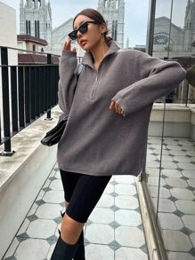 DAZY Half Zipper Drop Shoulder Jumper - Grey - View 5