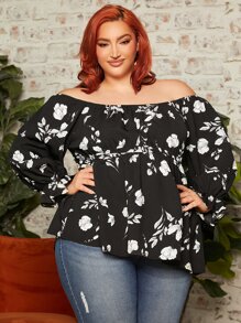 SHEIN CURVE+ Plus Floral Print Off Shoulder Flounce Sleeve Peplum Blouse - Black and White - View 2