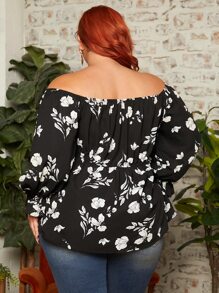 SHEIN CURVE+ Plus Floral Print Off Shoulder Flounce Sleeve Peplum Blouse - Black and White - View 3