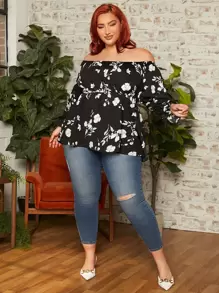 SHEIN CURVE+ Plus Floral Print Off Shoulder Flounce Sleeve Peplum Blouse - Black and White - View 1
