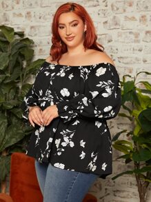 SHEIN CURVE+ Plus Floral Print Off Shoulder Flounce Sleeve Peplum Blouse - Black and White - View 5