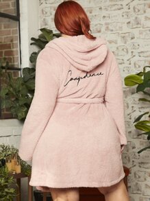 SHEIN CURVE+ Bata unicolor con cinturón con capucha de franela - Rosa Pálido - Ver 6