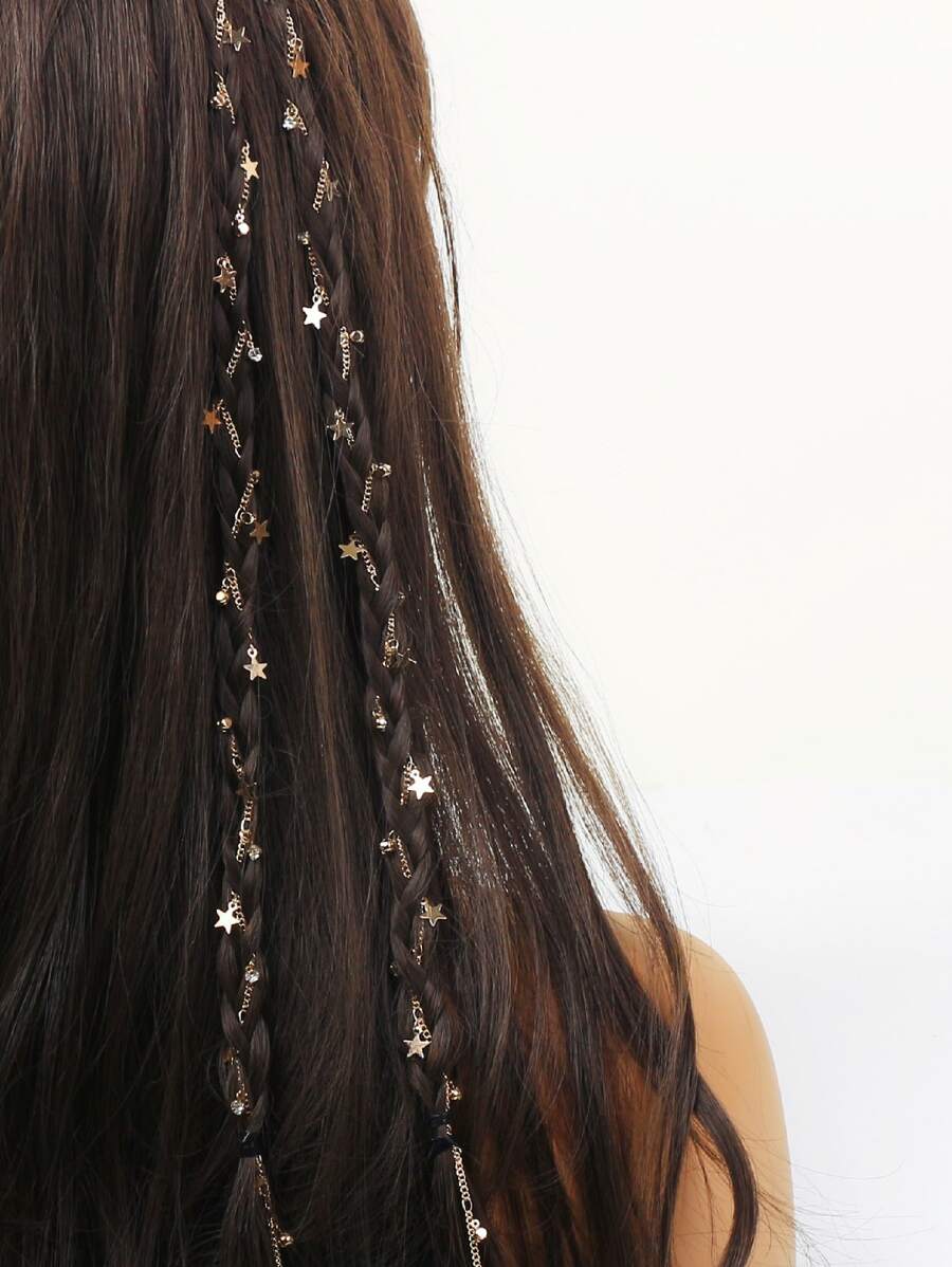 Bộ 2 chiếc dây cài tóc hình ngôi sao năm cánh đính đá, phụ kiện tóc tua rua cho nữ với họa tiết ngôi sao đính đá, phụ kiện đội đầu, kẹp tóc. - Vàng - Xem 1