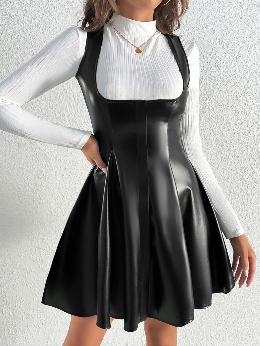 Solid PU Leather Overall Dress Without Top - Black - View 1