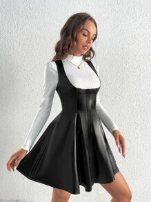 Vestido overol unicolor PU sin top - Negro - Ver 3