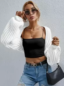 SHEIN Unity Cárdigan con parte delantera abierta tejido de canalé súper corto sin camisola - Blanco - Ver 1