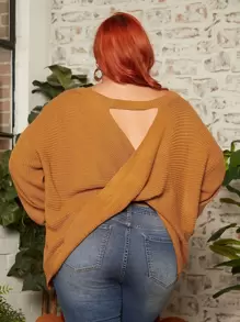 SHEIN CURVE+ Plus V Neck Drop Shoulder Jumper - Mustard Yellow - View 1