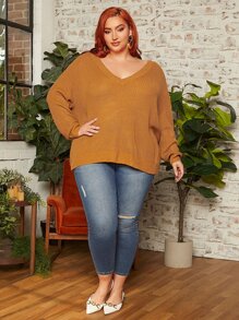 SHEIN CURVE+ Plus V Neck Drop Shoulder Jumper - Mustard Yellow - View 3