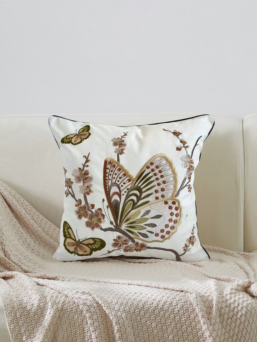 Butterfly & Flower Embroidered Cushion Cover Without Filler - Multicolor - View 1