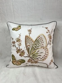 Butterfly & Flower Embroidered Cushion Cover Without Filler - Multicolor - View 5