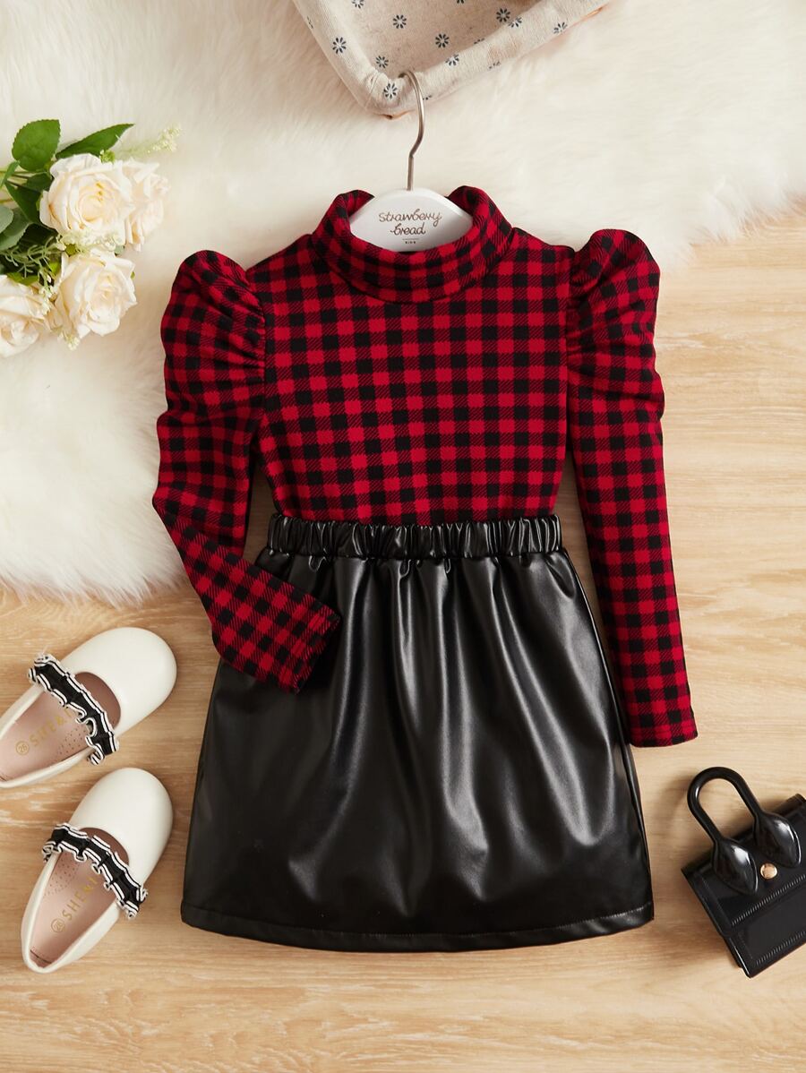 SHEIN 年輕女孩方格印花蓬蓬袖t恤&pu皮裙