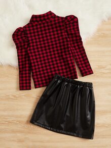 SHEIN 年輕女孩方格印花蓬蓬袖t恤&pu皮裙