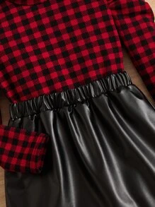 SHEIN 年輕女孩方格印花蓬蓬袖t恤&pu皮裙