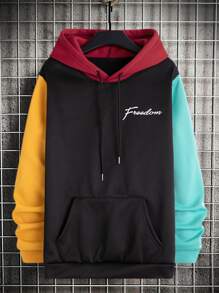 Manfinity Homme Men Letter Graphic Colourblock Kangaroo Pocket Drawstring Hoodie - Black - View 1