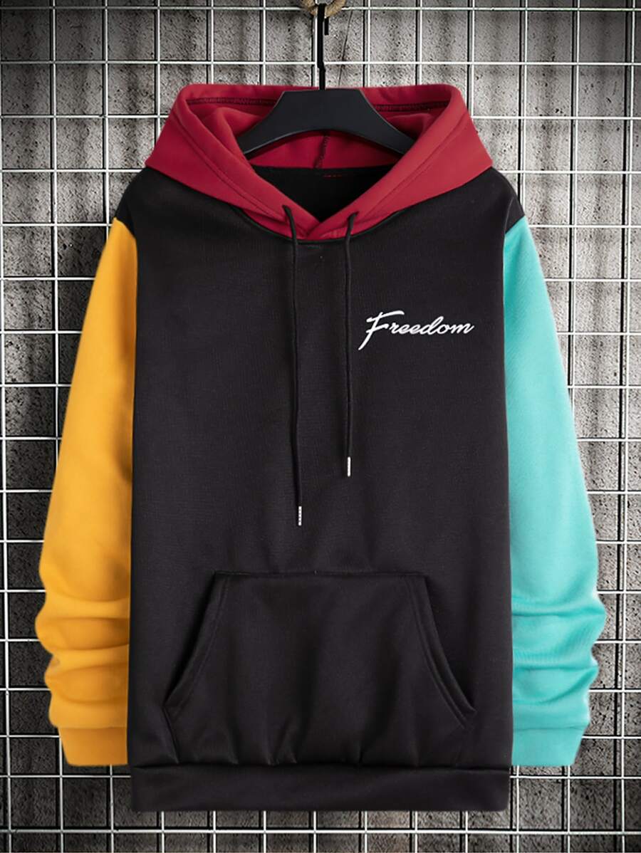 Manfinity Homme Men Letter Graphic Colourblock Kangaroo Pocket Drawstring Hoodie - Black - View 1