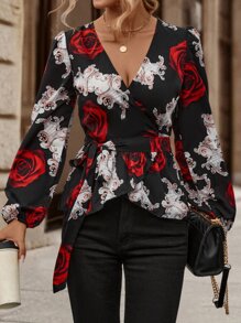 SHEIN Clasi Floral Print Lantern Sleeve Belted Blouse Peplum Top - Black - View 1