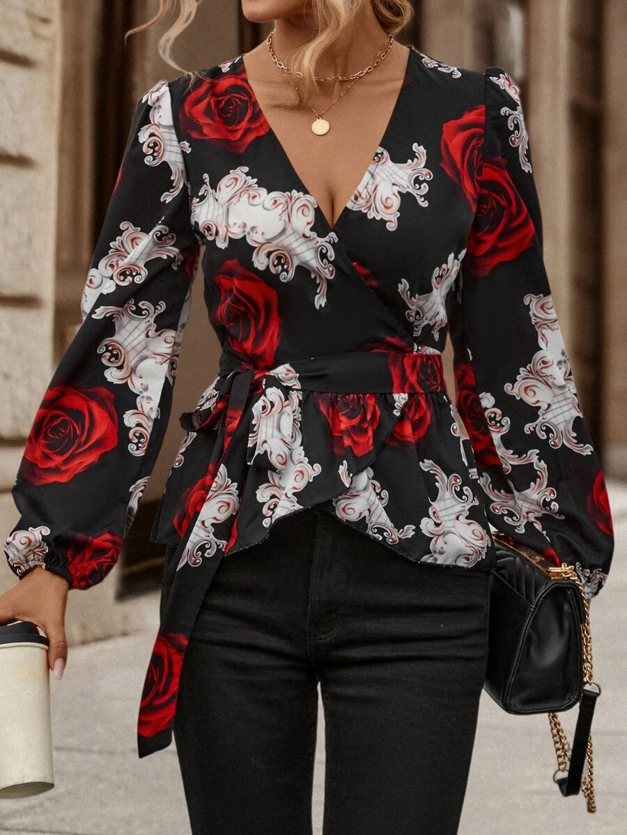 SHEIN Clasi Floral Print Lantern Sleeve Belted Blouse Peplum Top - Black - View 1