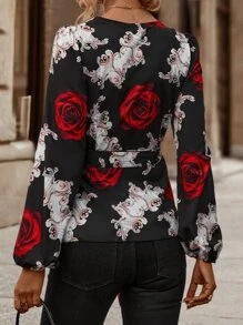 SHEIN Clasi Floral Print Lantern Sleeve Belted Blouse Peplum Top - Black - View 2