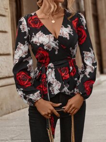 SHEIN Clasi Floral Print Lantern Sleeve Belted Blouse Peplum Top - Black - View 4