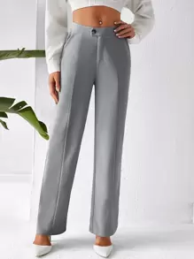 SHEIN Privé High Waist Straight Leg Trousers - Light Grey - View 1