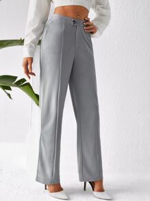 SHEIN Privé High Waist Straight Leg Trousers - Light Grey - View 3