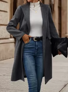 SHEIN LUNE Double Breasted Flap Detail Belted Overcoat - Dark Grey - View 5