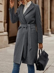 SHEIN LUNE Double Breasted Flap Detail Belted Overcoat - Dark Grey - View 4