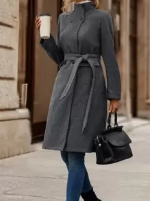 SHEIN LUNE Double Breasted Flap Detail Belted Overcoat - Dark Grey - View 6