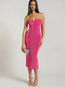 SHEIN BAE Đầm Chia Dây kéo màu trơn Gợi cảm - Màu Hồng Tươi - Xem 1