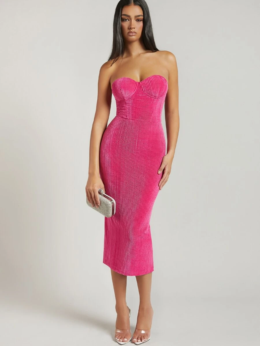 SHEIN BAE Đầm Chia Dây kéo màu trơn Gợi cảm - Màu Hồng Tươi - Xem 1