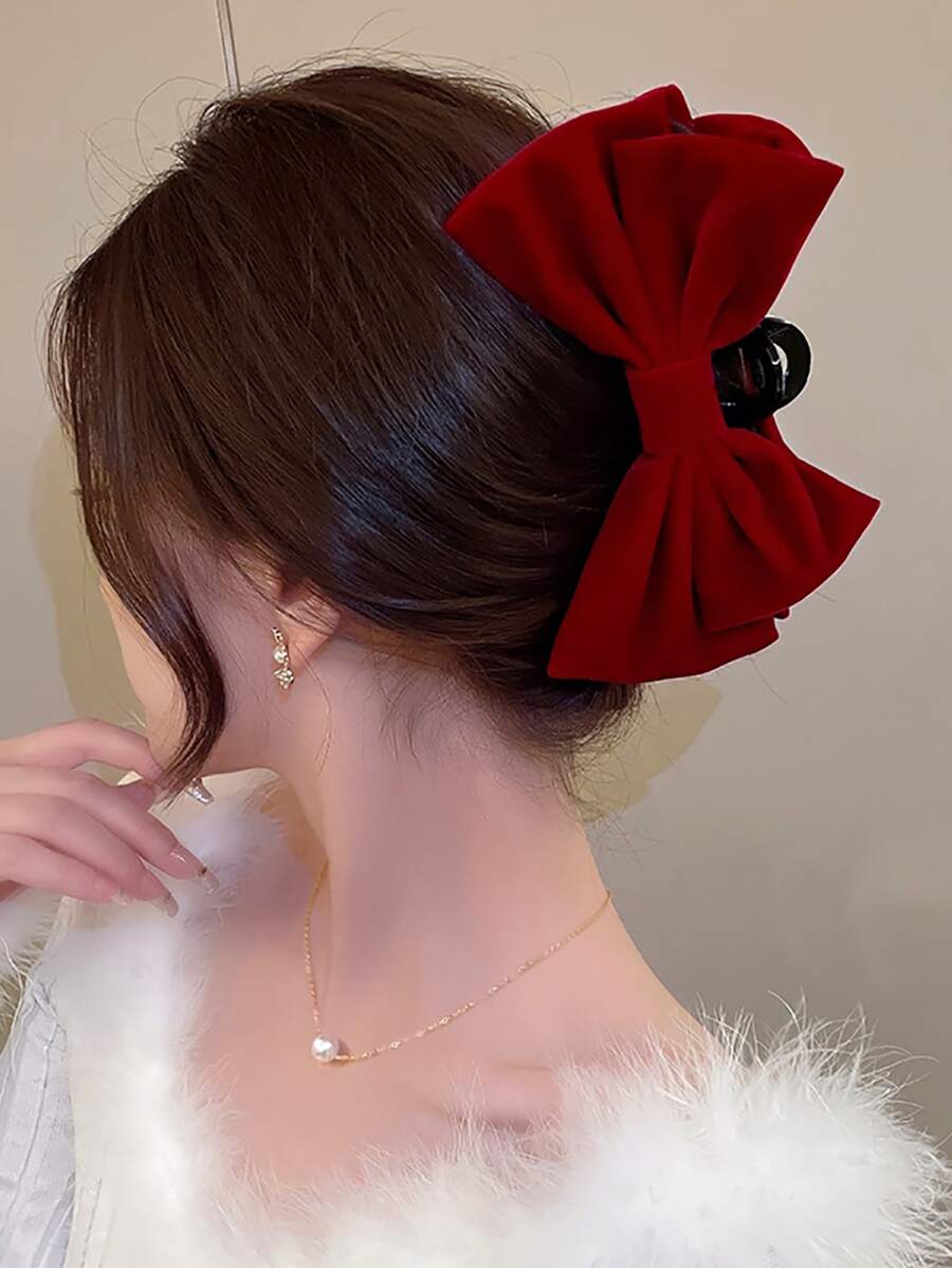 Bow Decor Hair Claw - Burgundy - View 1