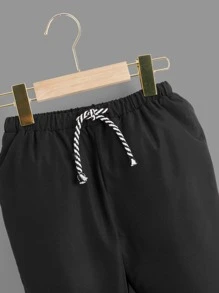 SHEIN Young Boy Drawstring Waist Teddy Lined Pants - Black - View 3