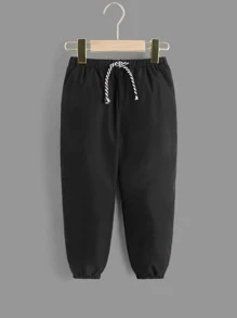 SHEIN Young Boy Drawstring Waist Teddy Lined Pants - Black - View 4