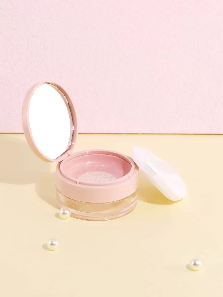 1pc Empty Loose Powder Container With Puff, Plastic Loose Face Powder Compact Case Cosmetic, Refillable Powder Puff Box Loose Powder Box With Sifter - Baby Pink - View 1