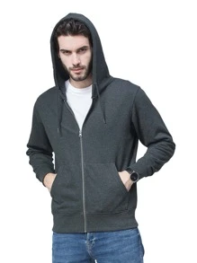 Men Zip Up Drawstring Hooded Sports Sweatshirt - Dark Grey - View 1