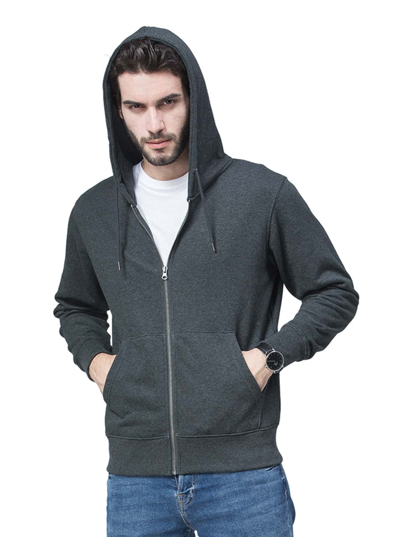 Men Zip Up Drawstring Hooded Sports Sweatshirt - Dark Grey - View 1