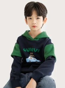 青少年男孩字母和汽车印花撞色落肩保暖卫衣 - 藏蓝色 - 查看 5