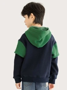 青少年男孩字母和汽车印花撞色落肩保暖卫衣 - 藏蓝色 - 查看 2