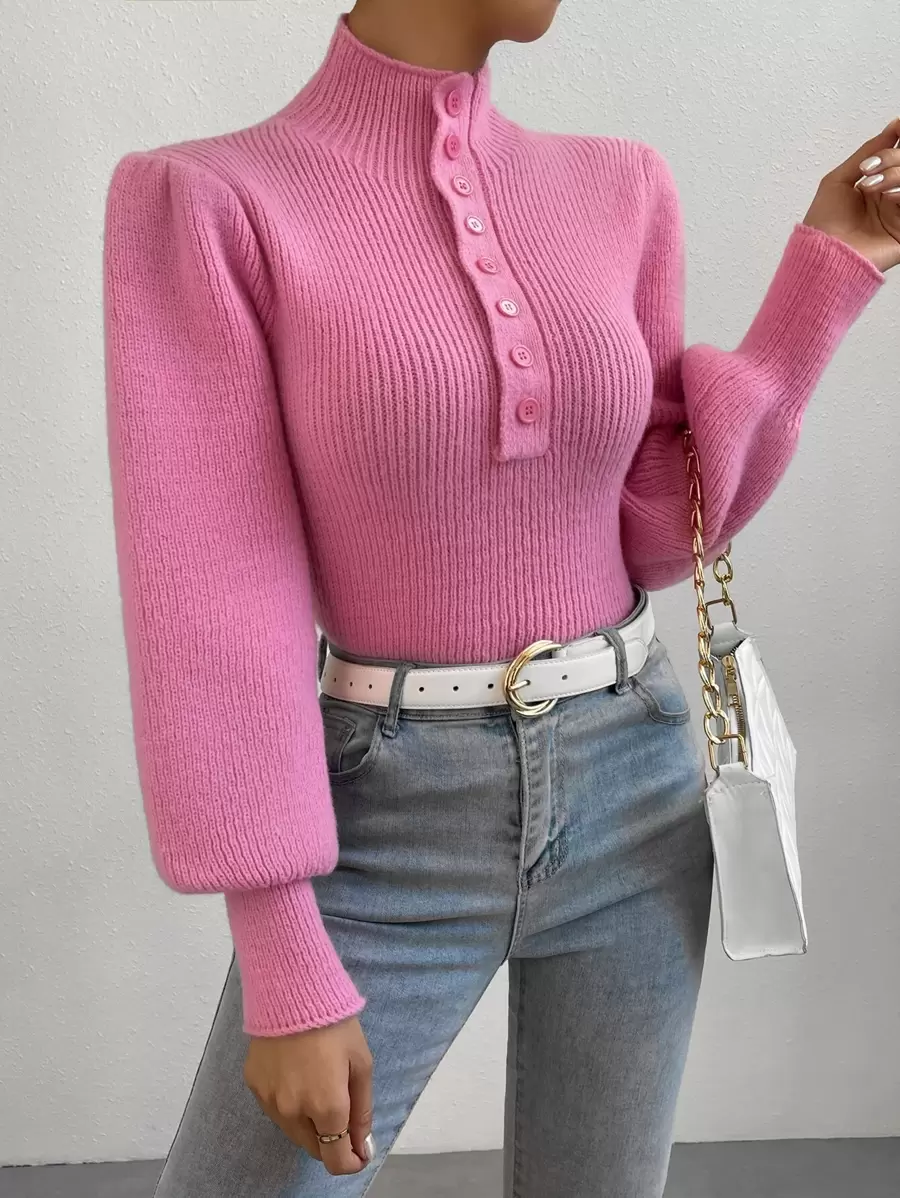 SHEIN Privé Half Button Lantern Sleeve Jumper - Pink - View 1
