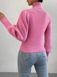 SHEIN Privé Half Button Lantern Sleeve Jumper - Pink - View 2