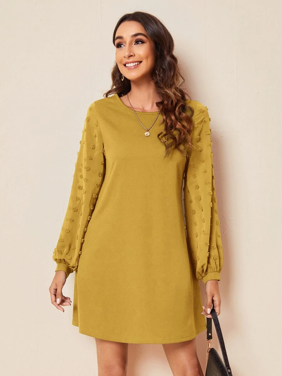 SHEIN Clasi Swiss Dot Side Solid Dress - Ginger - View 1