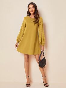 SHEIN Clasi Swiss Dot Side Solid Dress - Ginger - View 4