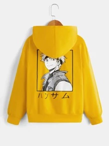 SHEIN 男孩日本字母和卡通圖案連帽衫