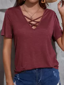 SHEIN LUNE 十字交叉V領T恤 - 酒紅色 - 查看 1