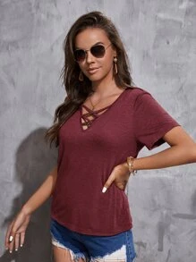 SHEIN LUNE 十字交叉V領T恤 - 酒紅色 - 查看 3