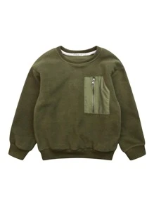 Boys Drop Shoulder Zipper Detail Fleece Sweatshirt - Army Green - View 4