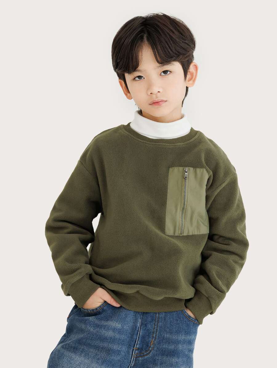 Boys Drop Shoulder Zipper Detail Fleece Sweatshirt - Army Green - View 1