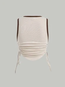 SHEIN MOD Letter & Dog Print Drawstring Side Contrast Binding Crop Tank Top - Beige - View 2